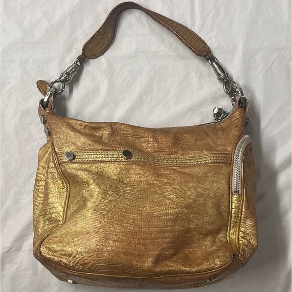 Pollini Gold Snakeskin Pattern Leather Bag - Shoulder Bag, Silver Hardwear - Picture 3 of 16